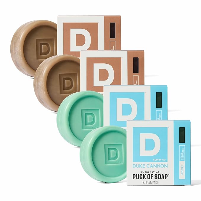 Duke Cannon Supply Co. Bar Soap Puck Bundle - Men's Natural Rounded Bar Soap with Masculine Scents - Disc-Shaped Mens Soap - All Skin Types - Hydrating - Buck Moon & Midway, 5 oz (4 Pack)