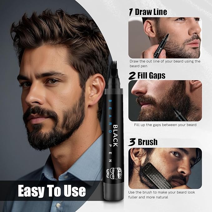 Beard Pencil Filler for Men Black - Beard Pen with Beard Brush, Barber Pencil Long-Lasting & Waterproof Mens Grooming Kits Create Natural Beard Color Gifts for Men, Mens Gifts Ideas (Black)
