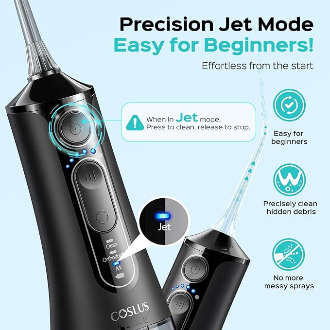 COSLUS C51 Portable Water Flosser for Teeth: 3 Modes & 6 Pressure Settings with Jet Mode Water Dental Pick for Orthodontic, Braces, Sensitive Gums, Compact for Travel, 300ML for Multiple Users, Black