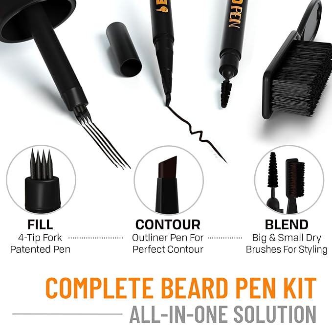 FOLLICLE BOOSTER Beard Pen Filler Styling Kit for Men - 3-in-1 Filling Set with 4-Tip Fork, Normal Pencil, and Brush - Waterproof, Sweatproof & All-Day Hold - Deep Dark Brown