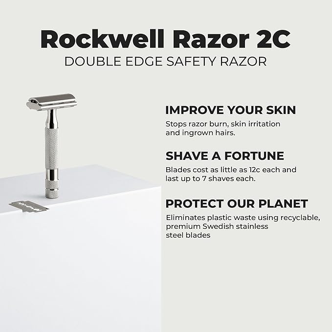 ROCKWELL RAZORS 2C White Chrome Double Edge Safety Razor With Adjustable Shave Settings and 5 Fully Recyclable Razor Blades. Reusable Safety Razors for Men and Women.