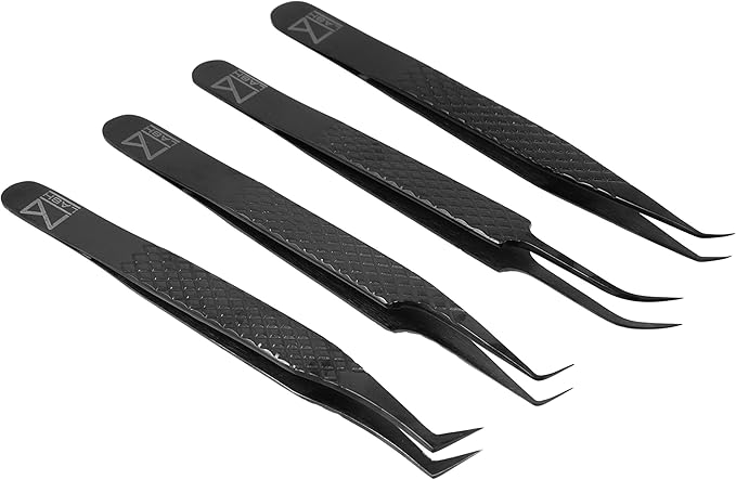 M LASH Tweezers for Eyelash Extensions (Set of 4) - Professional Lash Extension Tweezers - Fiber Tip, Japanese Steel, Diamond Grip Eyelash Extension Tweezer set (Black)