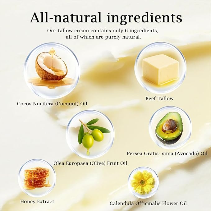 100% Grass Fed Whipped Beef Tallow Balm, Ultra Moisturizing Skin Cream for Face, Body Hands, Natural Skincare with Honey Coconut Oil Olive Oil and Avocado Oil for All Skin (1)