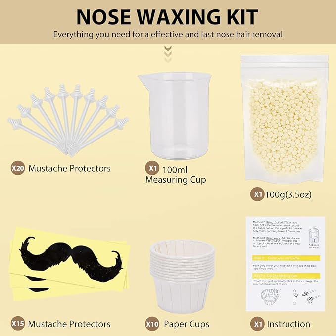Nose Wax Kit Men Women, Bouvetan Nose Hair Waxing Kit with 100g Nose Hair Wax Beads (15-20 USES), 20 Applicator, 15 Mustache Protector, 10 Paper Cups, 1 Measuring Cup - Easy and Quick, Instant
