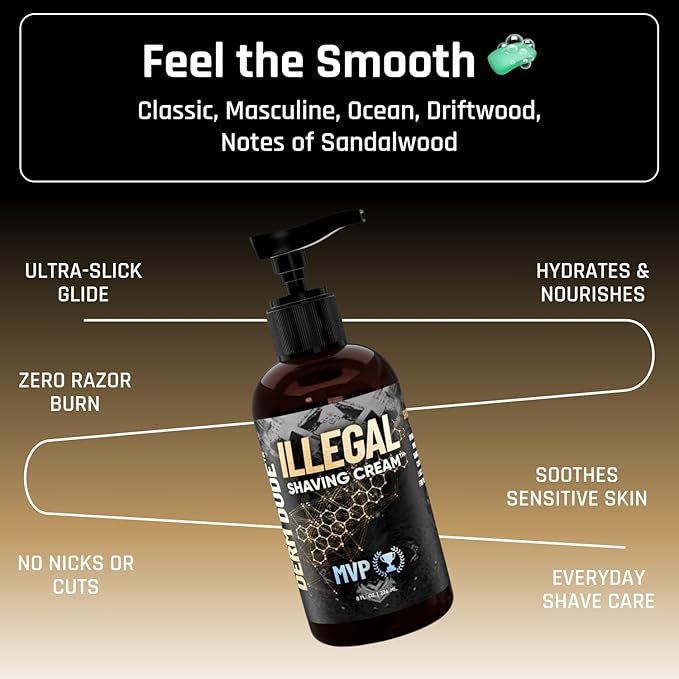 Derm Dude Illegal Shave Cream for Men | Ultra-Slick Shaving Cream for Sensitive Skin | Fights Razor Burn, Bumps, Nicks & Cuts | Smooth Glide Formula – MVP Scent, 8oz