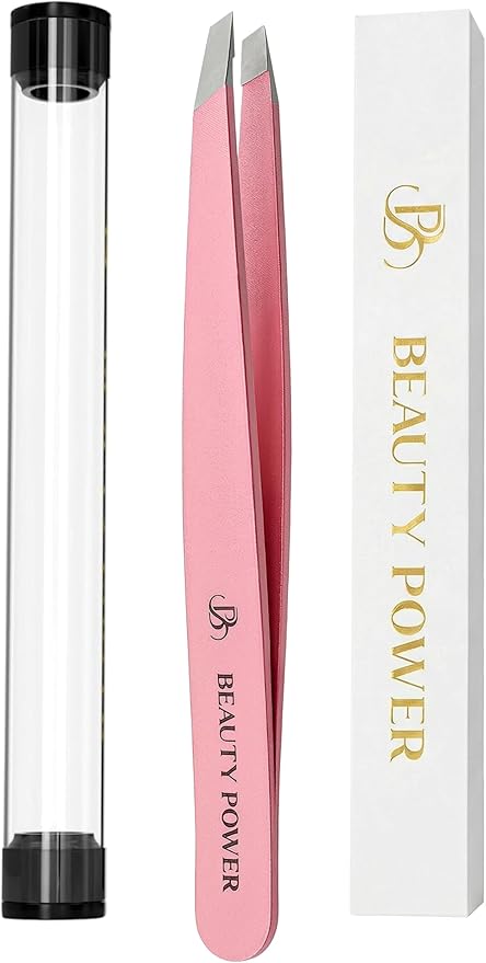 Ultra-Precision Professional Slant Tweezers for Women Facial Hair - German Stainless Steel, Lightweight Black Tweezers for Women & Men, Ideal for Eyebrow & Facial Grooming (Pink)