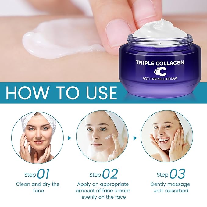 Triple Collagen Anti Wrinkle Face Cream for Women, Anti Aging Face Moisturizer to Reduce Wrinkles, Hydrating & Firming Moisturizing with Hyaluronic Acid, Barrier Repair, Deep Nourishment, 50g/e1.764oz