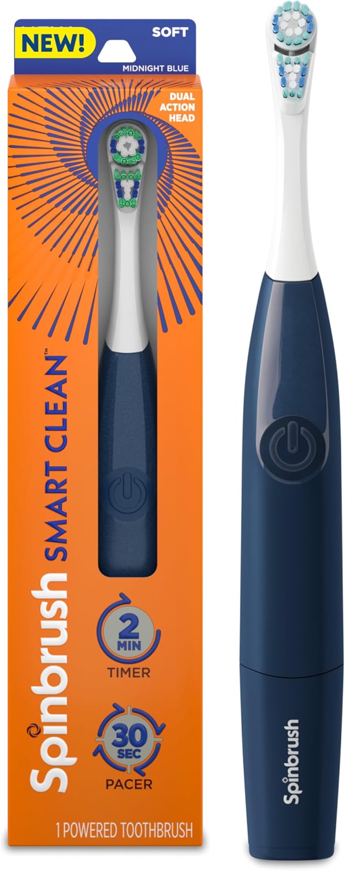 Spinbrush Smart Clean Battery Powered Electric Toothbrush for Adults with Dual Action Head, Pacer & Timer, Midnight Blue, Soft Bristles, 1 Count