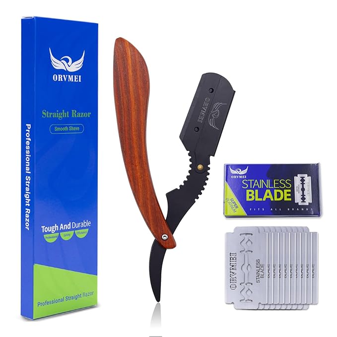 Straight Edge Barber Razor - Professional Stainless Steel Shaver with Shaving Strop for Men's Home & Salon Grooming (Black)