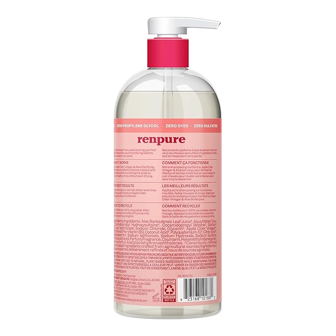 Renpure Apple Cider Vinegar & Aloe Shampoo, Plant-Based – Clarifies, Removes Residue and Nourishes for Shiny, Healthy Hair – For Dull Hair - Apple Cider Vinegar, Aloe Leaf Juice – 24 Fl Oz