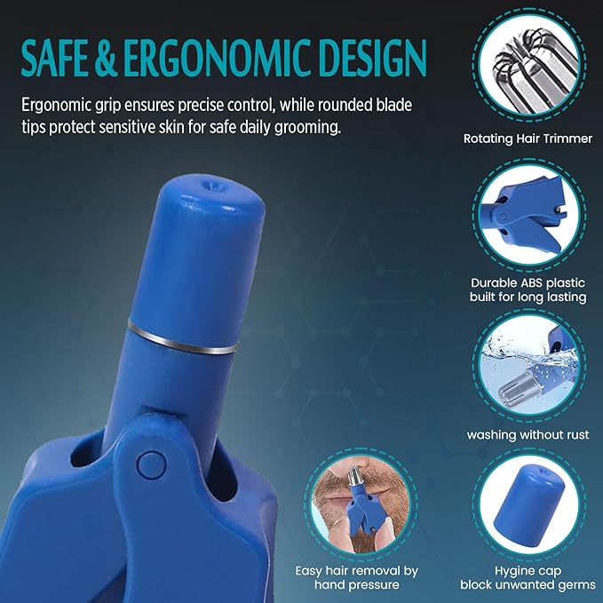 Stainless Steel Hair Trimmer for Men and Women | Manual Nose and Ear Hair Trimmer | Nose Clippers, 360° Rotating Hair Trimmers | Washable Nose Hair Remover | Blue