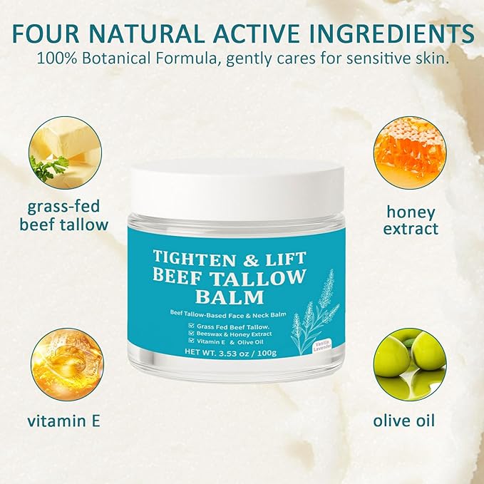 Beef Tallow for Skin - Firming Face Moisturizer for Women & Men, Anti-Aging SkinCare with Grass-Fed Tallow & Honey, Hydrating Balm to Tighten & Nourish Skin