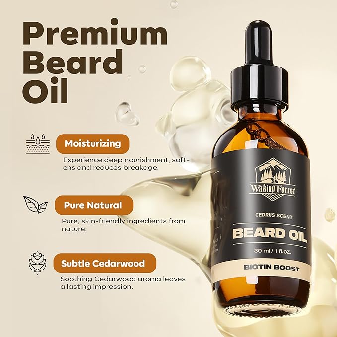 Waking Forest Cedar Beard Oil for Men - Biotin Mustache Oil with Vitamin E, Rosemary & Castor - Beard Care Softener, Strengthens, and Moisturizes - Beard Conditioner (1 oz)