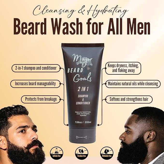 2-in-1 Beard Wash & Conditioner for Men - Gentle Men’s Shampoo for Beard Care & Growth, Softens, Soothes, Hydrates, & Nourishes Facial Hair, With Natural Ingredients - 7oz