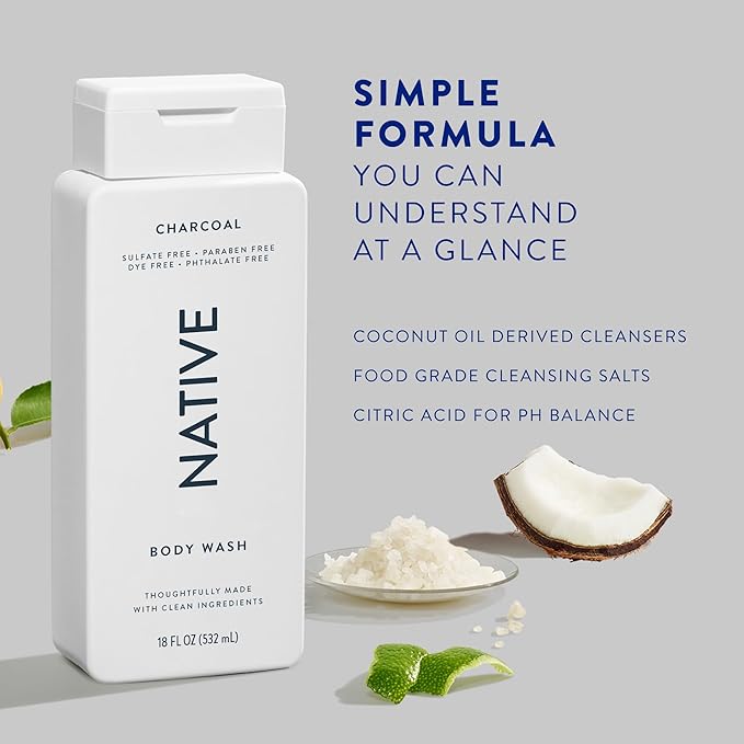 Native Body Wash Contains Naturally Derived Ingredients | For Women & Men, Sulfate, Dye, & Paraben Free Leaving Skin Soft and Hydrated | Charcoal 18 oz
