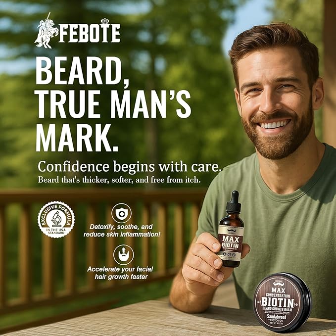 4X Concentration Biotin Beard Kit for Men – Unscented Oil & Sandalwood Balm Set (2 Pack) – Moisturizes, Softens & Promotes Growth – Premium Beard Grooming Gift for Father’s Day or Him