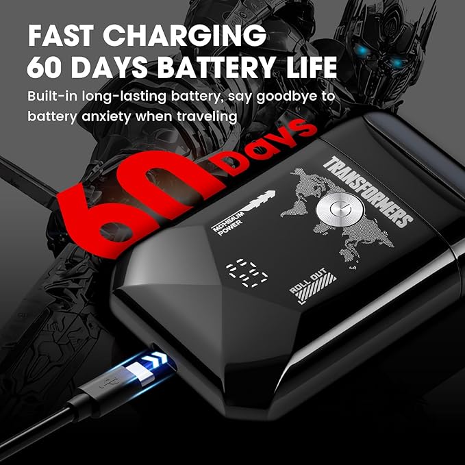 Transformers Electric Foil Shaver for Men, Hasbro Portable Electric Shaver with Dual Floating Blades & LED Display Electric Razor for Men with 2 Gears Adjustable IPX7 Waterproof USB Type C