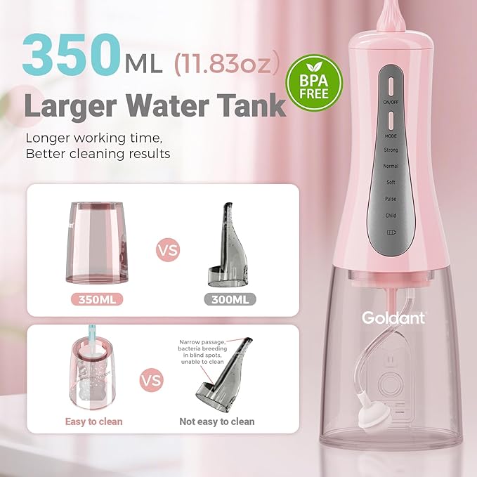 2026 New 350ML Water Flosser with Drainage & Storage Stand, Keeps Dry & Clean, 5 Modes, 360°Nozzle, Cordless Rechargeable, IPX7 Waterproof, Portable for Home & Travel (Pink)