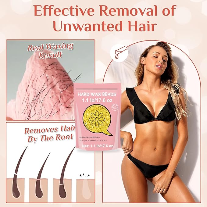 Wax Beads for Hair Removal, Bouvetan 1.1 lb Brazilian Hard Wax Beads for Bikini, Face, Eyebrow, Back, Chest, Legs, Armpit, Coarse Hair At Home Waxing Beads for Women Men (Honey)