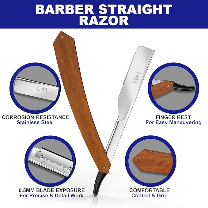 UM Supplies Straight Razors for Men – Professional Barber Straight Edge Razor Kit with 10 Replaceable Insert Single Edge Blades - Navajas Para Barbero (Wooden Straight Handle)