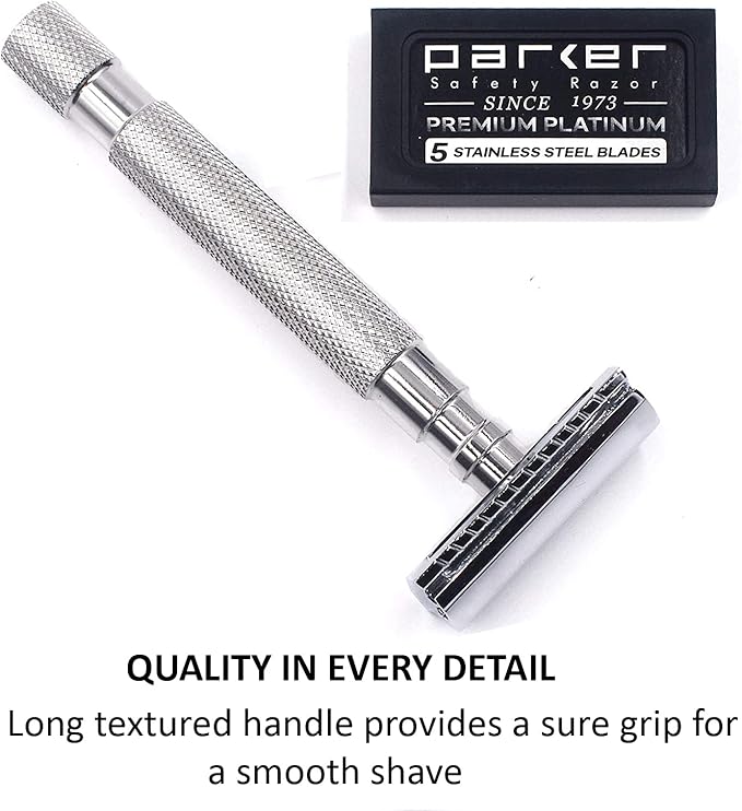 Parker 64S Stainless Steel Handle Double Edge Safety Razor & 5 Premium Blades