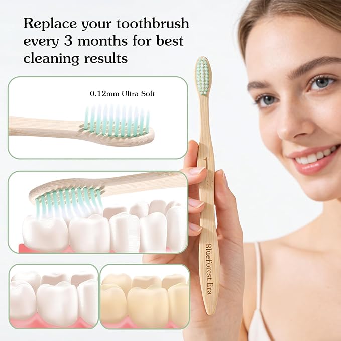 Bamboo Toothbrushes 10 Count Set, BPA Free Soft PBT Bristles, Natural Eco-Friendly Wooden Toothbrush, Organic Biodegradable Travel Tooth Brush for Adults