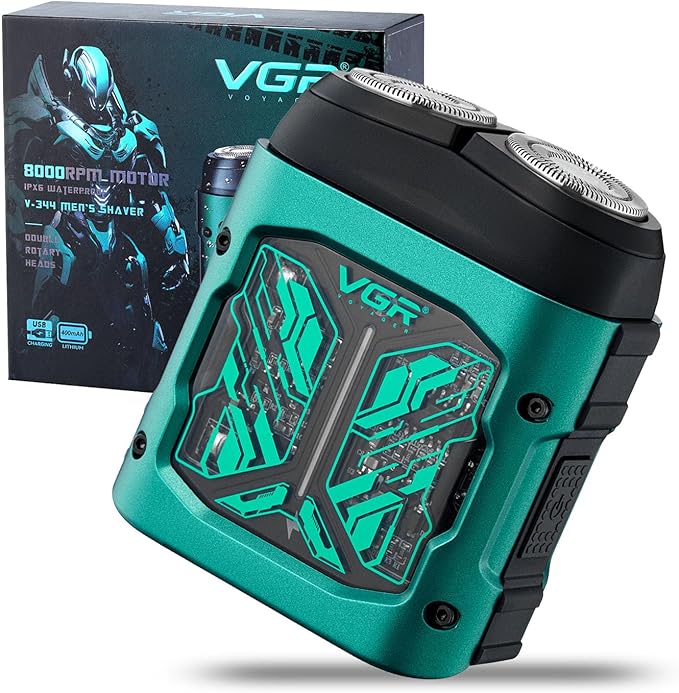 VGR 344 Mini Electric Shaver - USB Rechargeable Dual-Ring Rotary Razor, Portable IPX6 Wet/Dry Waterproof Face Shavers for Men, 8000 RPM Travel Electric Razor with Magnetic Cutter, Green