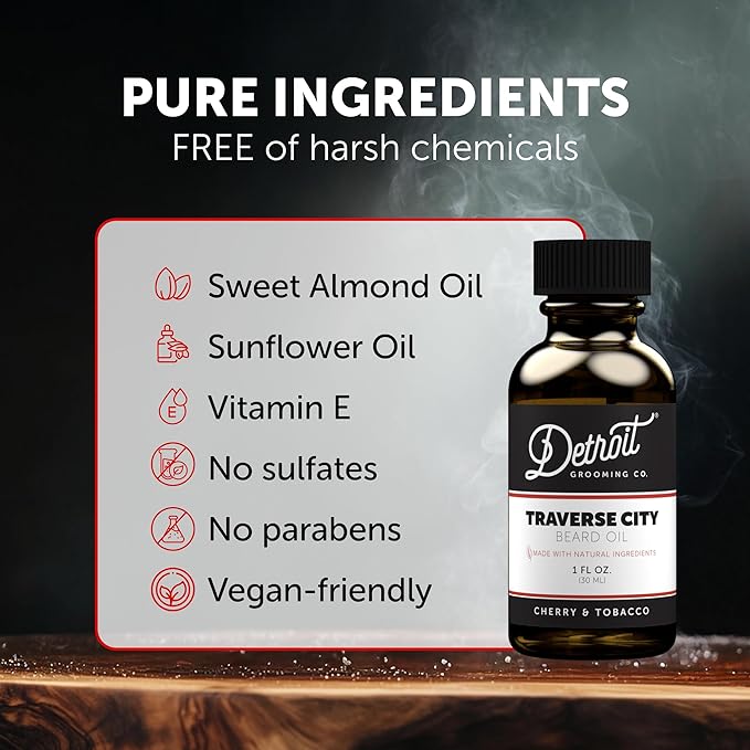 Detroit Grooming Co. Beard Oil | Hydrating & Nourishing Formula with Vitamin E | Cherry & Tobacco • Traverse City (1 oz)