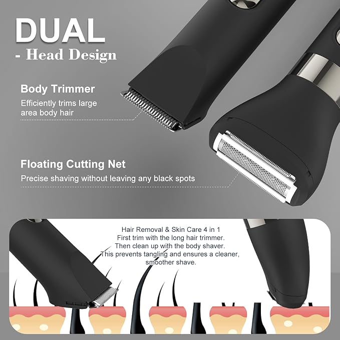 Hatteker 3 in 1 Multifunctional Dual - Head Body Hair Trimmer for Men, IPX7 Waterproof Nose/Eyebrow Trimmer, Rechargeable Body Electric Shaver Razor
