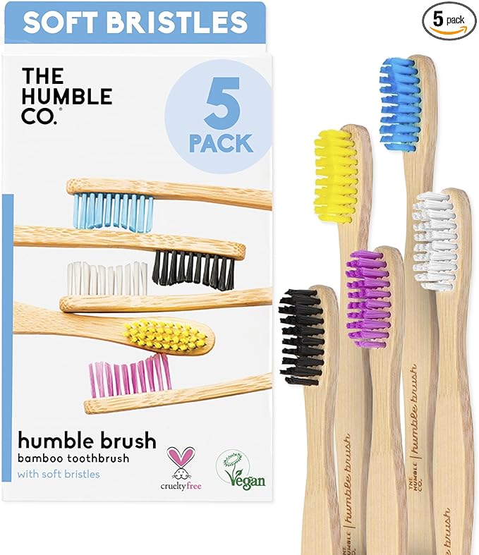 The Humble Co Bamboo Toothbrushes, 5 Pack - Soft Bristles Natural Bamboo Toothbrush - BPA Free Soft Bristles for Sensitive Gums - Non-Toxic & Plastic Free Handle - Dental Oral Care & Hygiene