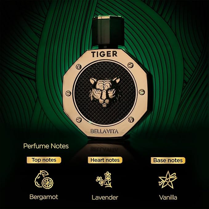 BellaVita Luxury TIGER Perfume for Men (3.38 Fl.oz) | Amber OUD, Patchouli, Bergamot, Lavender & Agarwood | Premium Lasting Men's Fragrances | Eau de Parfum gift for Men | Woody & Smooth Mens Purfume