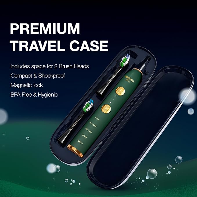 Wagner Stern WHITEN+ Edition. Whitening Electric Toothbrush with Pressure Sensor. Offers 5 Brushing Modes, 3 intensities, 8 Soft Brush Heads, and a Luxury Travel case.