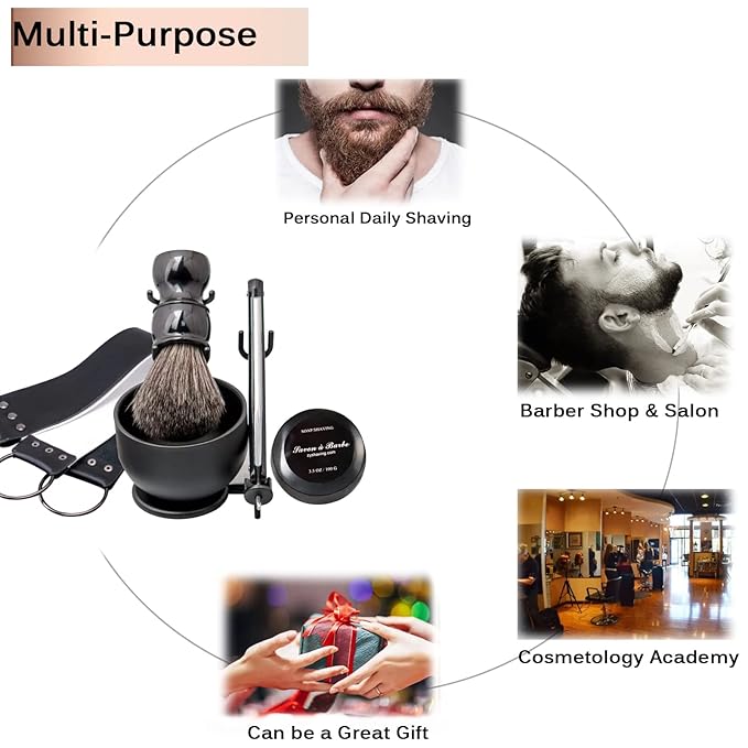 Luxury Men's Shaving Kit Gift Set, DanNuo Barber Straight Razor with Stand Shaving Brush Dual-Layer Leather Razor Strop Bowl Soap 6pcs Shaving Set for Men