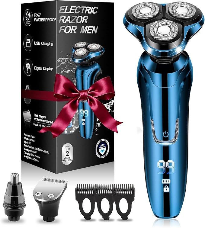 Electric Razor for Men, 3 Floating Heads Waterproof Wet Dry Shaver for Men, LED Display Cordless with Rechargeable Nose Hair Trimmer and Beard Trimmer,Prtable Travel Men's Razors