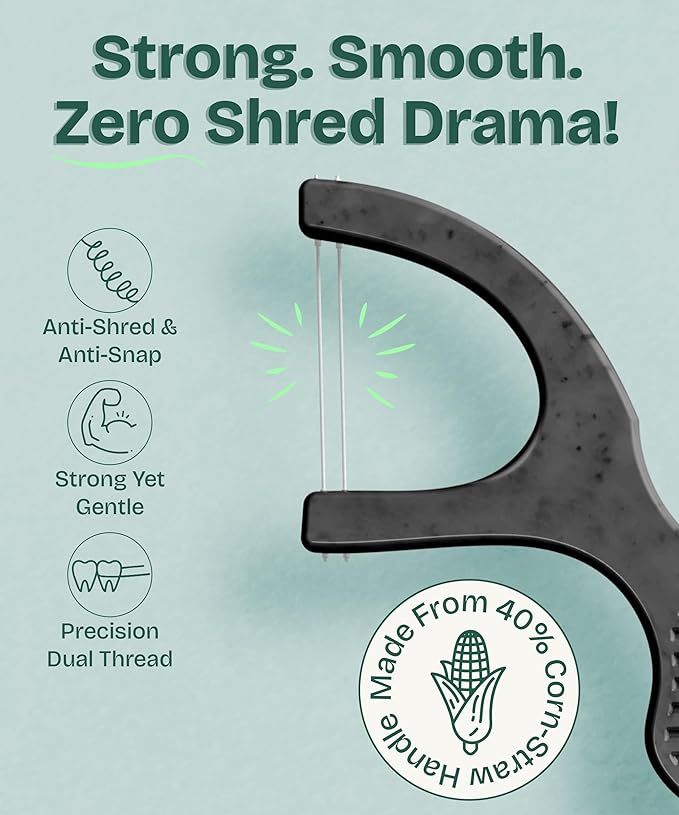 Dental Floss Picks for Teeth (100ct) - Double Thread Tooth Picks Flossers for Adults, Toothpicks Floss, Vegan Corn-Straw Handle, Shred-Resistant String for Interdental Oral Care & Gum Health, Charcoal