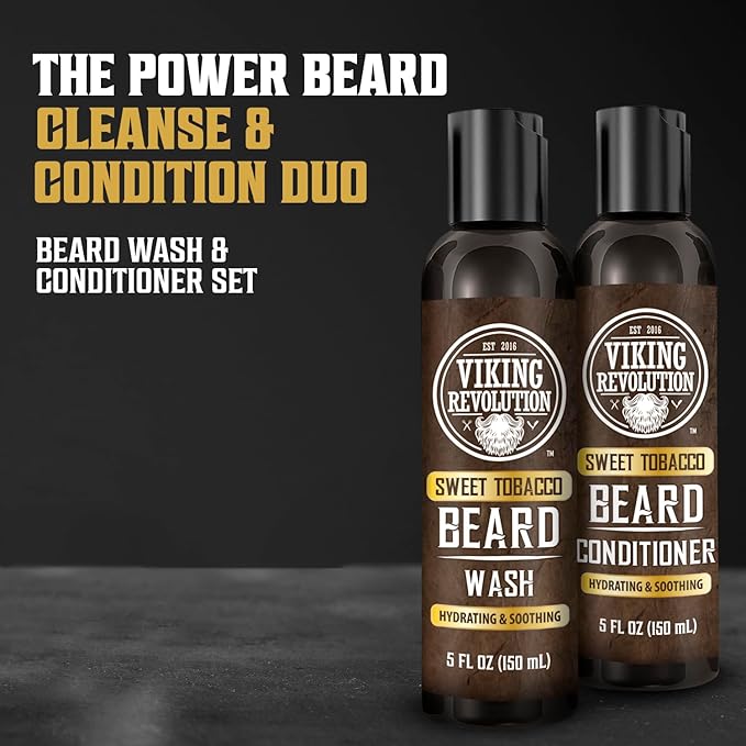 Viking Revolution Beard Wash and Beard Conditioner for Men with Argan Oil and Jojoba Oil - Beard Softener and Strengthener Beard Care Beard Shampoo and Conditioner with Beard Oil (5oz, Sweet Tobacco)