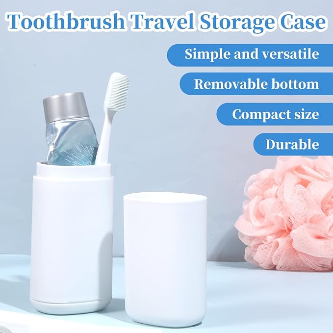White Travel Toothbrush Case with Cup, Travel Toothbrush Holder Portable Compact Toothpaste Cover Container Toothbrushs Holder with Mouthwash Cup Detachable Bottom Holders for Traveling School Home