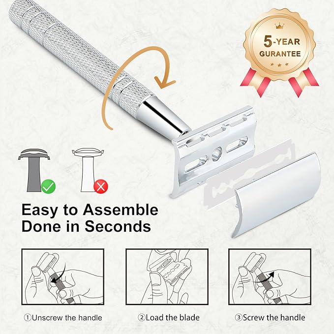 Double Edge Safety Razor for Men and Women, Single Blade Razors, with 10 Stainless Steel Blades, Reusable Metal Razor, Smooth and Close Shave, Sustainable, Plastic Free, Silver