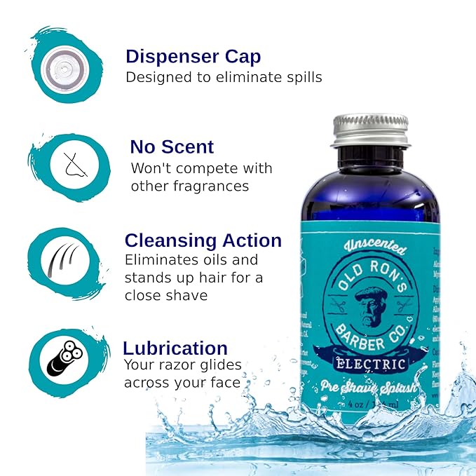Old Ron's Barber Co. Electric Pre-Shave Splash, Unscented, 4 oz (1-pack)