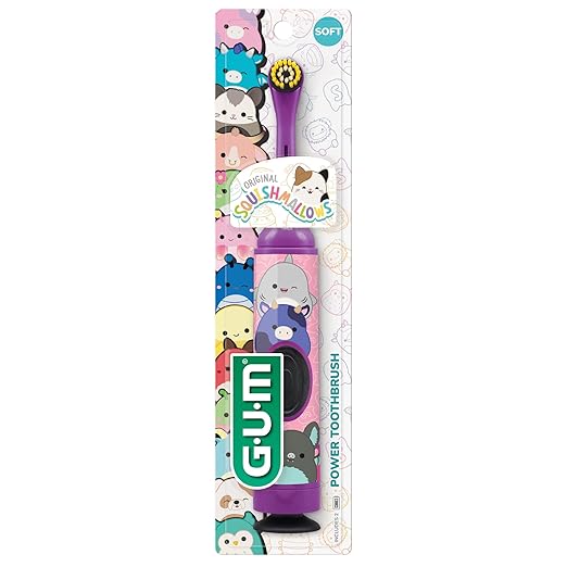 GUM Squishmallows Kids Battery Power Toothbrush, Soft Bristles, with Suction Cup Base, Batteries Included, 1 Count (Pack of 2)