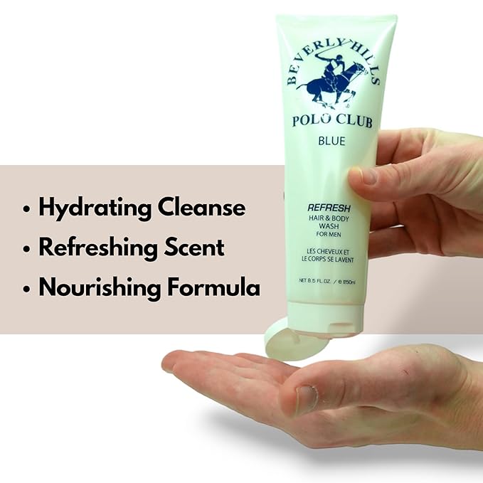 Beverly Hills Polo Club Men's Hair & Body Wash | Refreshing & Cleansing with Luxury Designer Scents | Long-Lasting Fragrance for Him (Blue)