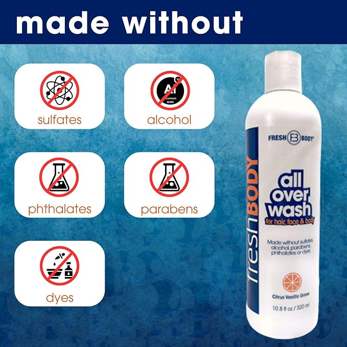 Fresh Body All Over Wash Travel Size Body Wash & Shampoo for Men & Women (3 Pack) - Citrus Vanilla Grove Shower Gel for Hair, Face & Body, 3.4oz - No Alcohol, Sulfates, Dyes or Parabens