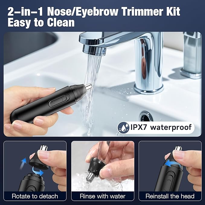 Nose Hair Trimmer for Men Rechargeable: 2024 Painless Rechargeable Nose Hair Trimmer IPX7 Waterproof, Dual Edge Blades Eyebrow & Facial Trimmer for Men for Easy Cleansing, Black