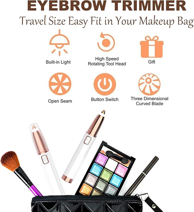 Eyebrow Trimmer for Women - Electric Eye Brow Razor with LED Light Painless & Easy Clean for Eyebrows Face Nose Ear Hair Chin Lips Peach Fuzz Bikini Lines & Other Detailing - Battery Operated (White)