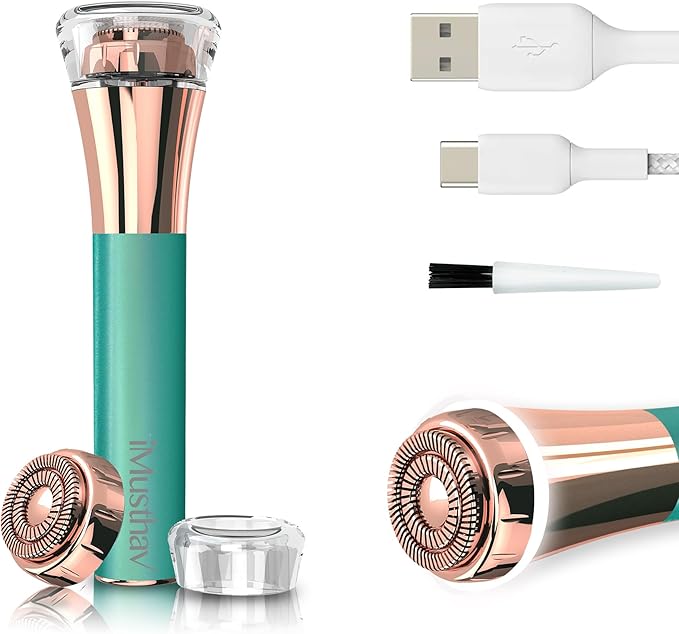 Facial Hair Remover for Women – Painless Flawless Electric Razor, Epilator & Trimmer 18K Gold-Plated Dual Ring Floating Head 20mm, USB Rechargeable, 360° LED Light for Face, Lip & Chin