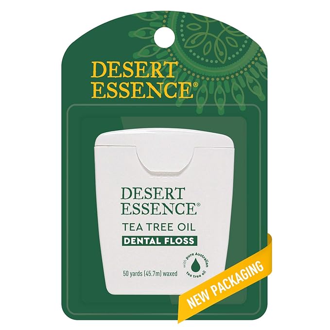 Desert Essence Tea Tree Oil Dental Floss - 50 Yards - Naturally Waxed w/ Beeswax - Thick Flossing No Shred Tape - On The Go - Removes Food Debris Buildup - Cruelty-Free Antiseptic