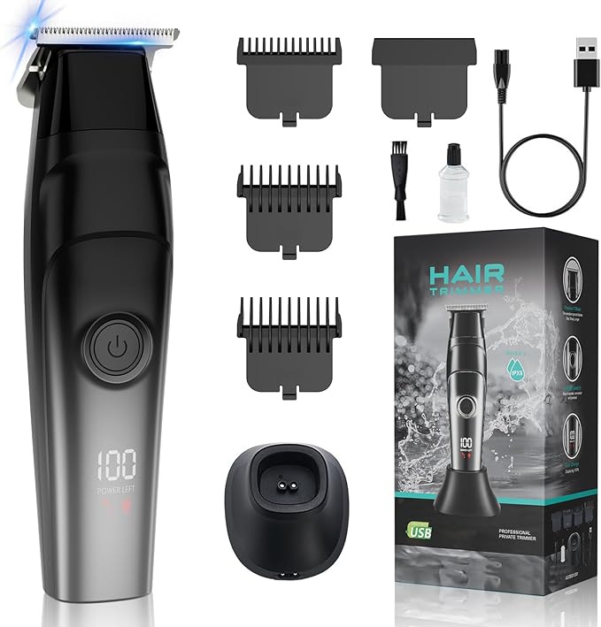 Beard Trimmer for Men & Hair Clippers - Rechargeable Head Shaver with LED Display, Stainless Steel Blades, Waterproof Electroplated Body