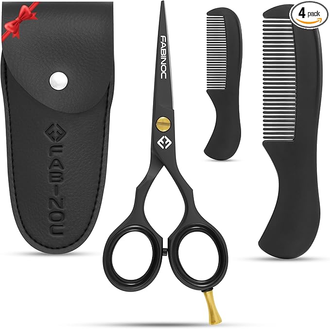 Beard and Mustache Scissors for Men 5" with 2 Combs & Pouch – German Quality Stainless Steel Hand-Forged Grooming Scissors for Facial Hair Trimming (Black)