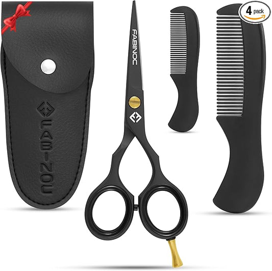 Beard and Mustache Scissors for Men 5" with 2 Combs & Pouch – German Quality Stainless Steel Hand-Forged Grooming Scissors for Facial Hair Trimming (Black)
