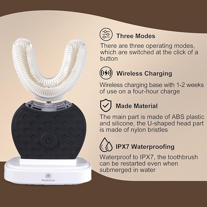 U-Shaped Ultrasonic Toothbrush for Teeth Whitening, Automatic Electric Toothbrush for Adults 360-degree Cleaning, Wireless Charging and IPX7 Waterproof Kit for Travel or Home(Black)